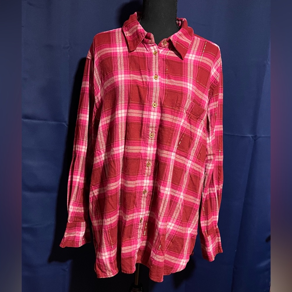 Lane Bryant Women’s Pink and White Plaid Button Down Shirt